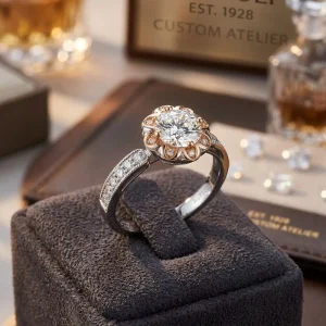 High-end Fine Jewelry Multi-point Accent Side Diamonds Au750 Two-tone Crown Halo Natural Diamond Engagement Ring