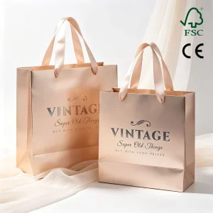 High end Gold Printed Thick Art Paper Gift Bag for Corporate Event Luxury Souvenirs Jewelry Paper Bag with Soft Ribbon Handle
