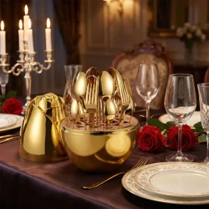 High end Rose Egg Shaped Stainless Steel Knife Fork Spoon 24 Piece Mirror Polish Ornament Tableware Set Dishwasher Safe Party