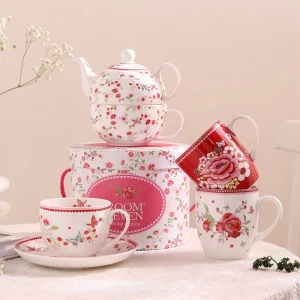 High quality Pink Ceramic Floral Print Coffee Cup Mug Set for Gift Wedding Home Office Party