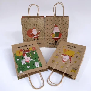 Holiday Brown Kraft Paper Gift Bags With Merry Christmas Print Paper Handles in Stock Recyclable Packaging for Retail Supply Use