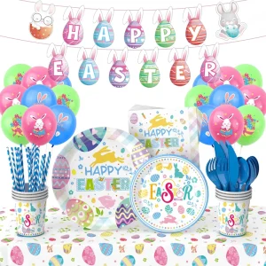 Holiday Disposable Paper Plate Tablecloth Decoration Set Easter Bunny Egg Theme Party Tableware Supplies Custom Logo