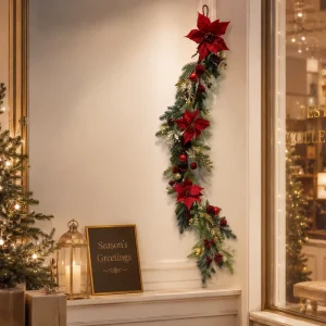 Holiday Door Decor Artificial PE Christmas Wreath Poinsettia Flower Berry Accent Seasonal Hanging Decor