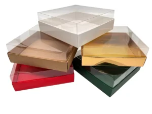 Holiday Food Gift Boxes Clear Lid Gold Foil Multi Color Bases DIY Flat Pack 6 X 6 X 2″