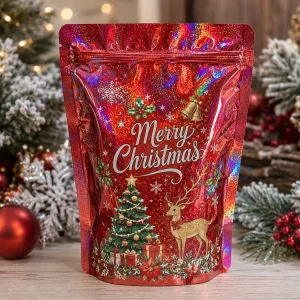 Holiday Gift Holographic Food Packaging Bags Christmas Plastic Pouch with Zipper for Candy Cookies Nuts and Snacks