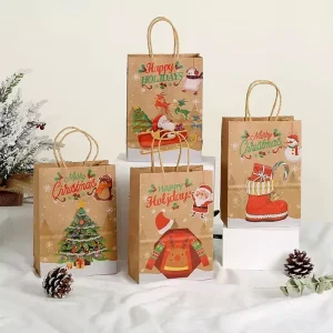 Holiday Retro Gift Bags Set 8 Styles Christmas Themed Kraft Paper Bags with Handles for Candy Treats Presents Candle & Craft