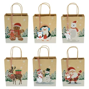 Holiday Season Christmas Party Favour Gift Treats Packaging Paper Bags Goodie Wrapping Ornament Kraft Bags With Handle for Xmas