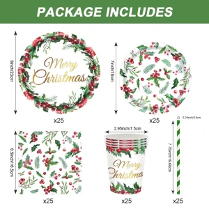Holly Theme Christmas Party Supplies Disposable Tableware Set Paper Plates Napkins Cups Straws Holiday Celebration Dinner Decor