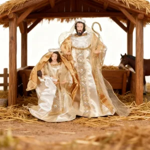 Holy Family Nativity Figurine Set Mary Joseph Baby Jesus Statue with Golden Embroidered Robes for Christmas Religious Decoration