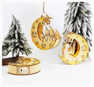 Home Temple Festival Eid Mubarak Decorations Lights Ramadan Tree Moon Wooden Pendant Lights Modern