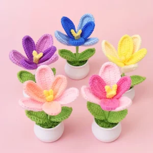 Homemade Crocheted Knitted Artificial Tulip Flowers Plants Handmade Crochet Tulip Flowers Pot Plant