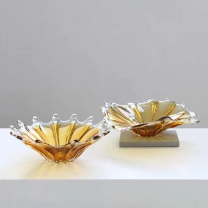 Honey Amber Mouth Blown Glass Bowl Clear Wavy Rim Fruit Plate Decorative Tray Table Centerpiece Home Hotel Restaurant