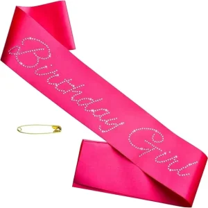 Hot Pink Birthday Girl Sash with Glitter Rhinestones Funny Happy Birthday Girls Women Party Decorations Satin Adult