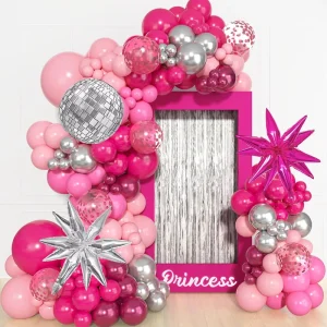 Hot Pink Disco Balloons Arch Garland Kit Explosion Star Foil Balloons Girls Party Background Decoration