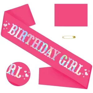 Hot Pink Satin Rainbow Foil Happy Birthday Girl Sash Eco Friendly Birthday Valentine’s Day Party Sash for Women Indoor Outdoor