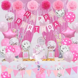 Hot Pink and White Balloons Pink Foil Fringe Curtain Happy Birthday Party Supplies for Girls Kids Pink Birthday Party Decoration