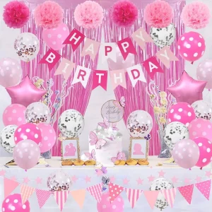 Hot Pink and White Balloons Pink Foil Fringe Curtain Happy Birthday Party Supplies for Girls Kids Pink Birthday Party Decoration