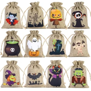 Hot Selling Linen Drawstring Bag for Halloween Kids Small Pumpkin Ghost Candy Storage Bag Halloween Party Supplies Gift Bag