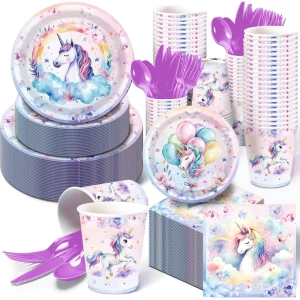 Huancai Unicorn Party Supplies Floral Balloons Paper Plates Cups Napkins Disposable Tableware Set for Kids Birthday Party Decor
