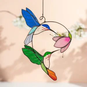 Hummingbird Couple Stained Glass Suncatcher Art Deco Design Window Decoration for Bird Lovers Perfect Father’s Day Gift
