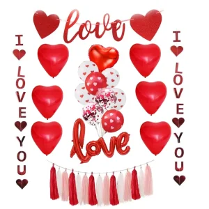 I Love You Garland Red Paper Tassel and Valentines Day Mylar Red Heart Balloons Valentines Day Decorations Set