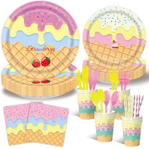 Ice Cream Themed Disposable Tableware for Birthday Valentine’s Day Thanksgiving Parties Paper Plates Napkins Cups Tablecloths