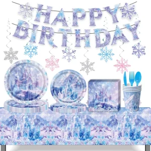 Ice Snow Castle Disposable Party Supplies Festival Props Birthday Tableware Paper Plate Tissue Tablecloth Banner Decoration