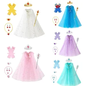 Ice Snow Princess Cape Cloak Gloves Tiara Crown Magic Wand Necklace Earrings Ring Set for Girls Princess Party Dress up Costume