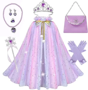 Ice Snow Princess Cape Tiara Crown Magic Wand Necklace Earrings Ring Bag and Gloves Set for Girl Party Dress Up Costume
