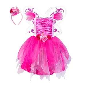 In Stock Hot Pink Rose Fairy Costume for Girls Fancy Dress Satin Bodice & Tulle Skirt