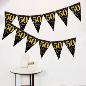 In-stock Black Gold Triangular Flags 50 Years Birthday Party Decorations Banner Flags Venue Atmosphere