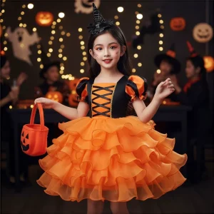 In stock New Design Children’s Halloween Cosplay Witch Color blocking Cake Princess Dress Kids School Performance Costume