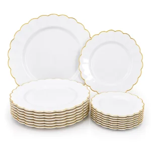 In-stock PS White Flower Disposable Plastic Party Plates Retro Gold Rim 10.25&7.5 In Dessert Appetizer Plates For Party Wedding