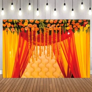 Indian style Traditional Wedding Backdrop Garland Yellow Flowers Festive Diwali Backdrop Banner Decorations Celebration