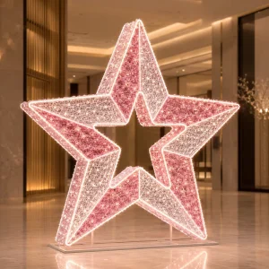 Indoor Outdoor Wedding Valentines’ Day IP65 CE Customize Dreamy Pink Mesh Metal Frame PVC Tinsel 3D LED Star Shape Motif Light