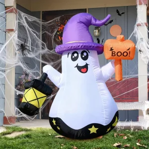 Inflatable Halloween Ghost Wearing Hat with LED Lawn Decoration for Outdoor Yard Holiday Party