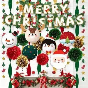Ins Style Christmas Party Decoration Living Room and Venue Hanging Ornaments Paper Lantern Flower Flag Set