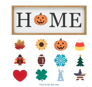 Interchangeable HOME Seasonal Tabletop Sign with 12 Pcs Seasonal Icons Wooden HOME Sign for All Seasons Shelf Windowsill Decor