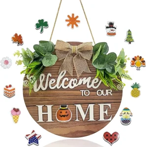 Interchangeable Seasonal Welcome Sign Front Door Decor Round Wood Wreaths Wall Hanging Christmas