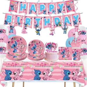Interstellar Pink Stitch Angie Cartoon Birthday Party Tableware 131-Piece Paper Plates Cups Napkins Tablecloth Popcorn Boxes