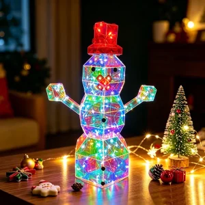 Iridescent Christmas Snowman LED Lighted Snowman Figurine Prismatic Holographic Tabletop Centerpiece for Festive Decor