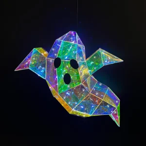 Iridescent Halloween Ghost LED Light Prismatic Holographic Hanging Ornament Spooky Party Indoor Decor Handmade PET Material