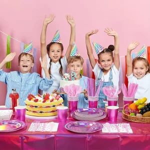 Iridescent Pink Party Supplies Decorations 25pcs Paper Plates and Napkins Cups Knives Spoons Fork for Birthday Graduation Party