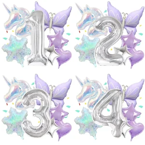 Iridescent Unicorn Snowflake Purple Butterfly Silvery Number Foil Balloon Sets for Happy Birthday Wedding Party Decor