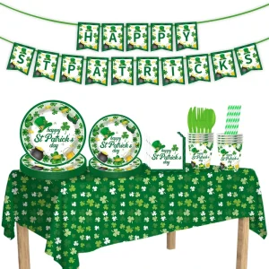 Irish Shamrock-themed St. Patrick’s Day Party Decoration Disposable Tableware Set Paper Napkins Plates Cups Tablecloth Banner