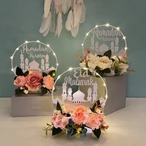 Islamic Festival DIY Decorations for Eid Mubarak Ramadan Metal Iron Artificial Flower Table Light for Muslim Party Decorations