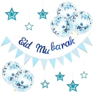 Islamic Glitter Eid Decorations Set Hanging Star Decor Triangle Bunting Flag Ramadan Mubarak Confetti Balloon Party Decorations