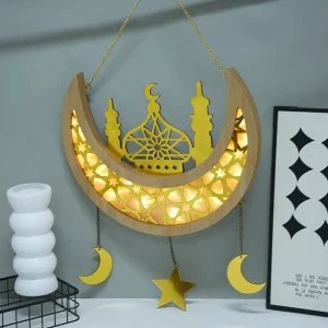 Islamic LED Wooden Wall Decor Pendant Moon Star Hanging Customized Color Logo Durable Ramadan Party Supplies