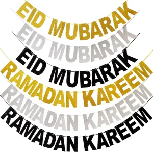 Islamic Ramadan Party Festival Decor Glitter Gold Silver Ramadan Kareem Eid Mubarak Paper Banners Flags Garlands