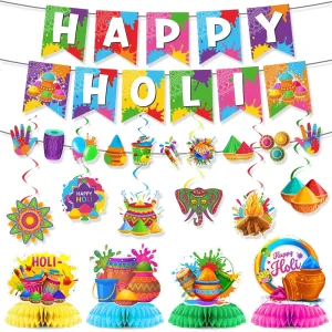 JUXINDA Holi Festival Carnival Party Decorations Holi Banner Spiral Honeycomb Ornament Set